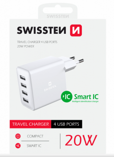 Swissten síťový adaptér Smart IC 4x USB 20W bílý