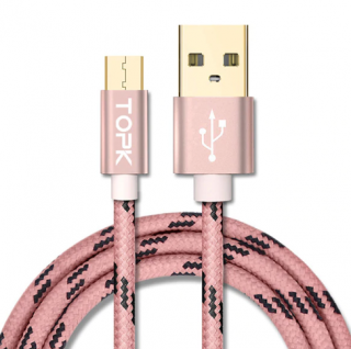 Datový kabel micro USB - USB 2.0, TOPK nylon-kov Barva: Růžová