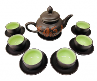 Keramický čajový set hnědo-zelený