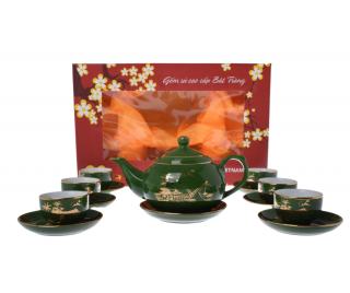 Luxusní čajový set Bat Trang – Zelená se zlatým dekorem