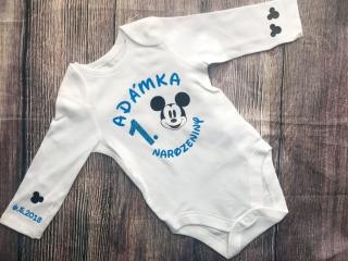 Dětské body s potiskem na přání  1. narozeniny  (červené) MINNIE: MICKEY ČERVENÝ, RUKÁV: DLOUHÝ, velikost body: tričko vel. 92 (1,5-2r)