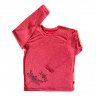 Tričko s dlouhým rukávem merino/hedvábí GlucksKind - červené s vážkou Velikost: 110/116