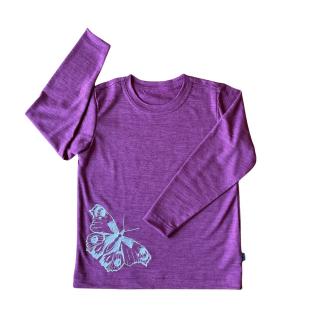 Tričko s dlouhým rukávem merino/hedvábí GlucksKind - fialové s motýlem Velikost: 110/116