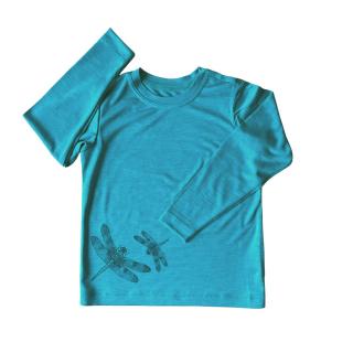 Tričko s dlouhým rukávem merino/hedvábí GlucksKind - smaragdové s vážkou Velikost: 110/116
