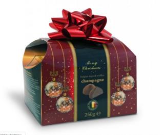 Belgické lanýže s náplní s příchutí champagne s červenou mašlí - Vánoce (zlaté baňky) 250g - DMT 15.05.2022 (Velmi kvalitní čokoládové lanýže s příchutí v dárkové krabičce.)