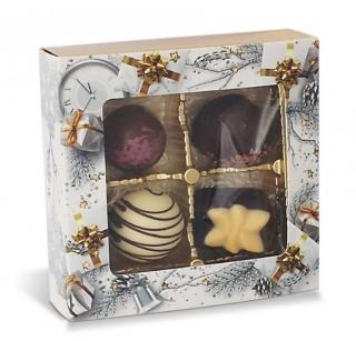 Belgické pralinky Gudrun - Vánoční motiv - dárečky (výřez čtverec) 50g - DMT 25.06.2023 (Bonboniéra s plněnými belgickými pralinkami z mléčné, hořké a bílé čokolády. )