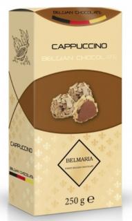Belmaria lanýže mléčné Cappuccino s hoblinkami z bílé čokolády (zlatý obal) 250g (Velmi kvalitní belgické mléčné čokoládové lanýže s vločkami z bílé čokolády s příchutí cappuccino v dárkovém balení.)