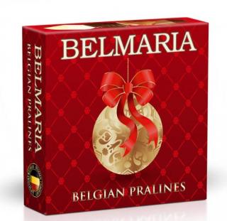 Belmaria Veselé Vánoce (červené) - Belgické plněné pralinky 50g - DMT 19.08.2024 (Bonboniéra obsahuje 4 plněné belgické pralinky z mléčné, hořké a bílé luxusní čokolády v potištěné krabičce.)