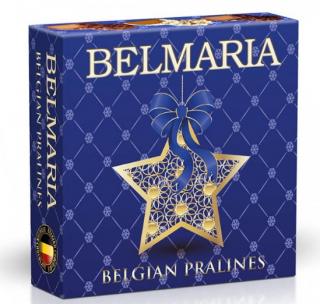 Belmaria Veselé Vánoce (modré) - Belgické plněné čokoládové pralinky - curlettes 50g - DMT 07.05.2024 (Bonboniéra obsahuje 4 plněné belgické pralinky z mléčné, hořké a bílé luxusní čokolády v potištěné krabičce.)