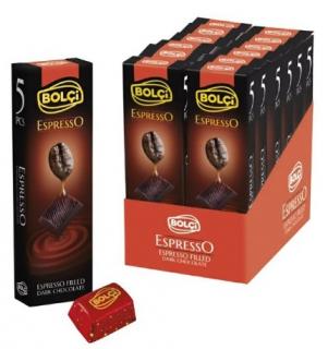 Bolci Espresso hořké čokoládové pralinky s kávovou náplní 46g (Pralinky z dvou vrstev čokolády (hořké a mléčné) plněné tekutým italským espressem. Čokoládové bonbony formované s tekutou kávou uvnitř.)