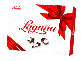 Carla Laguna 250g (Formované bonbony s lískooříškovou náplní (55%) v mléčné čokoládě (30%) a bílé čokoládě (15%).)