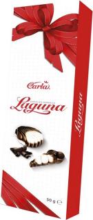 Carla Laguna 50g (Formované bonbony s lískooříškovou náplní (55%) v mléčné čokoládě (30%) a bílé čokoládě (15%).)