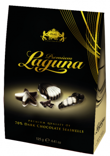 Carla Laguna Premium stříška 125g (Extra hořké čokoládové bonbony s lískooříškovou náplní (55 %) z hořké čokolády (30 %) a bílé čokolády (15 %))