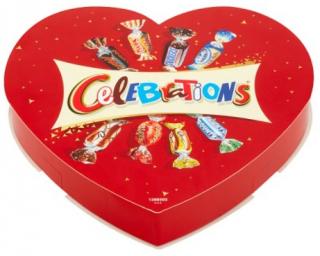 Celebrations Srdce 215g - DMT 07.01.2024 (Směs plněných mléčných čokolád; Mléčná čokoláda; Sušenka s mléčnou čokoládou; Oplatkové závitky s mléčnou čokoládou.)