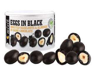Černá Mixit vajíčka: tmavá čokoláda 240g  - DMT 23.03.2023 (Pražená jádra lískových ořechů a mandlí v hořké čokoládě s černým prachem v různém poměru)