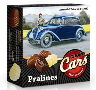 CHOCO CARS belgické plněné pralinky 50g (Bonboniéra obsahuje plněné belgické pralinky z mléčné, hořké a bílé luxusní čokolády v krabičce z unikátní kolekce CHOCO CARS.)