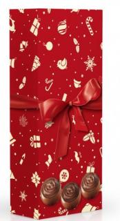 Čokoládové plněné pralinky - Vánoční (červené) 84g - DMT 30.04.2024 (Bonboniéra obsahuje šest čokoládových plněných pralinek s krémovou náplní v dárkové krabičce.)