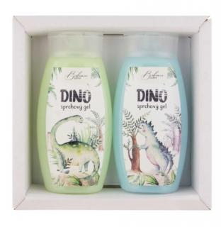 Dárkové balení DINO 2 x 250 ml sprchový gel (Dětský kosmetický balíček s obrázkem dinosaurů z naší oblíbené kolekce DINO. Dětská kosmetická sada obsahuje dětský sprchový gel s extraktem z mořské řasy a dětský sprchový gel s olejem z plodů olivovníku)