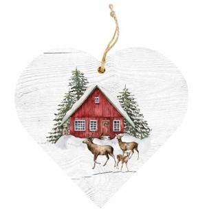 Dekorační dřevěné srdce 12 cm – Domeček a srnky