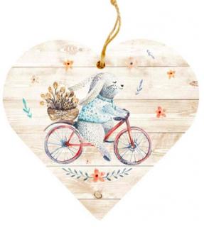 Dekorační dřevěné srdce 12 cm – Zajíc na kole
