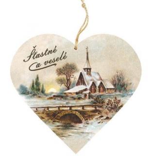 Dekorační dřevěné srdce 13 cm – Vánoce kostel