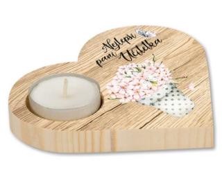 Dřevěný dekorační svícen – nejlepší paní učitelka (Dřevěný dekorační svícen ve tvaru srdce s potiskem.)