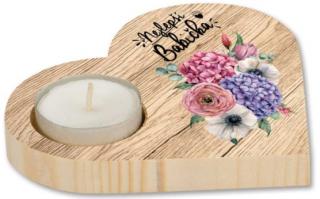 Dřevěný dekorační svícen – pro babičku (Dřevěný dekorační svícen ve tvaru srdce s potiskem.)