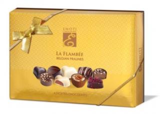 Emoti La Flambée Assorted - zlatá 120g (Směs plněných čokoládových pralinek s příchutí oříškového krému, kávové pěny, oříšků, slaného karamelu a mandlových kousků)