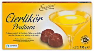 Excelsior Eierlikör Pralinen 150g (Pralinky s náplní z vaječného likéru (47%) obalené hořkou a mléčnou čokoládou .Výrobek obsahuje alkohol.)