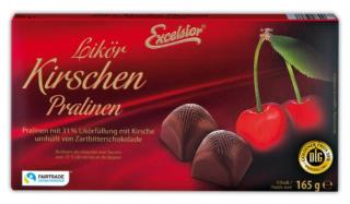 Excelsior Kirschen Pralinen 165g (Pralinky s alkoholem plněné višňovou náplní s hořkou čokoládou a likérovou náplní ( 31% ). Výrobek obsahuje alkohol.)