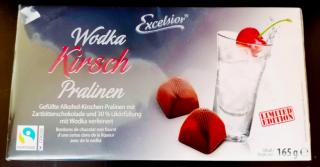 Excelsior Wodka Kirsch pralinen 165g - DMT 17.09.2022 (Pralinky s alkoholem plněné višnovou náplní s hořkou čokoládou a likérovou náplní (30%) s vodkou.)