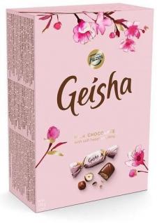 Fazer Geisha Mléčné čokoládové bonbony s náplní z lískových oříšků a nugátu 150g (Mléčné čokoládové bonbony s náplní z lískových oříšků a nugátu (38%).)