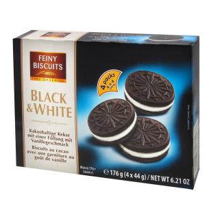 Feiny Biscuits BLACK  WHITE 176g (Sušenky s kakaovou příchutí s vanilkovou příchutí (25%). Balení obsahuje 4 samostatné sáčky po 4 sušenkách.  )