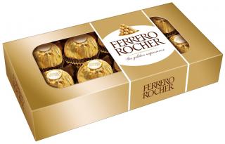 Ferrero Rocher 100g T8 (Oplatky s polevou z mléčné čokolády a drcenými lískovými oříšky, s náplní a celými lískovými oříšky.)