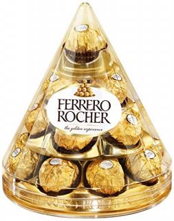 Ferrero Rocher kužel 212,5g - DMT 20.04.2024 (Oplatky s polevou z mléčné čokolády a drcenými lískovými oříšky, s náplní a celými lískovými oříšky.)