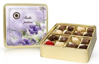 Fialové květy - výběr belgických pralinek v plechové dóze 400g (Bonboniéra obsahuje 32 plněných belgických pralinek z mléčné, hořké a bílé luxusní čokolády v plechové dóze s květinovým motivem.)