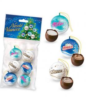 Figaro Vánoční koule Mila,Horalky, Kávenky 126g - DMT 25.11.2023 (mléčné čokolády (50%) s arašídovou (16%), kávovou (16%) a mléčnou krémovou náplní (16%))