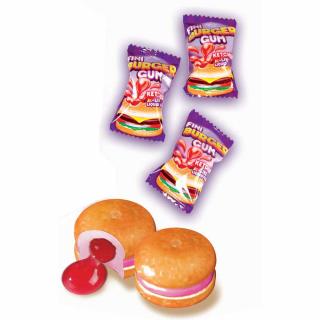 Fini Burger Bubble gum 5g x 10ks (Má tvar hamburgeru s oblíbenou chutí tutti frutti a tekutou červenou náplň připomínající kečup s chutí sladké lahodné jahody.)