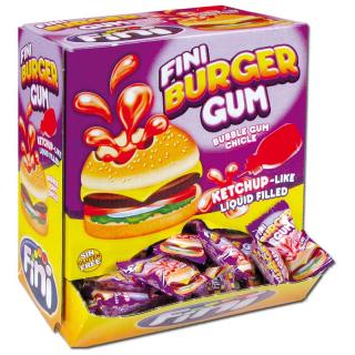 Fini Burger Bubble gum 5g x 200ks (Má tvar hamburgeru s oblíbenou chutí tutti frutti a tekutou červenou náplň připomínající kečup s chutí sladké lahodné jahody.)