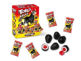 Fini El Toro Balls Bubble gum 5g x 10ks (Lahodná sladká žvýkačka s černou polevou a s extra kyselou tekutou jahodovou náplní.)