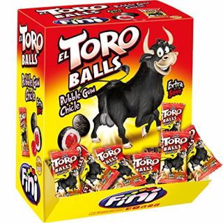 Fini El Toro Balls Bubble gum 5g x 200ks (Lahodná sladká žvýkačka s černou polevou a s extra kyselou tekutou jahodovou náplní.)