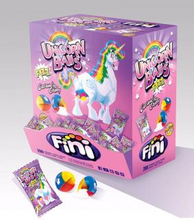 Fini Unicorn balls Bubble gum 5g x 200ks (Barevná tvrdá bonbónová koule s jemnou kyselou chutí a jemným šumivým středem.)