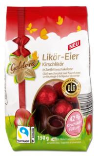 Goldora Likor - Eier cherry 150g - DMT 31.10.2023 (Hořká čokoláda plněná třešňovou likérovou náplní (50%) Kakao: minimálně 54% v obsahu čokolády)