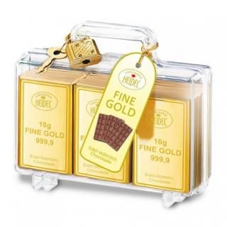 Heidel Fine Gold 120g (Dárková plastová krabička ve tvaru kufříku (12x10x2,5cm) s jemnou mléčnou čokoládou (12ks).)