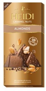 Heidi Caramel Nuts Almonds 80g - DMT 21.10.2023 (Lahodná mléčná čokoláda a křupavé karamelizované kousky ořechů)