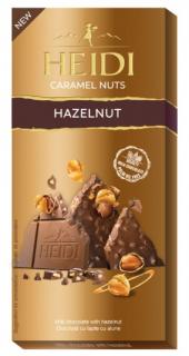 Heidi Caramel Nuts Hazelnut 80g - DMT 10.12.2023 (Lahodná mléčná čokoláda a křupavé karamelizované kousky lískových oříšků.)