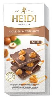 Heidi Golden Milk  Hazelnuts 100g (Mléčná čokoláda s nádechem přírodní vanilky v kombinaci s celými karamelizovanými lískovými oříšky.)