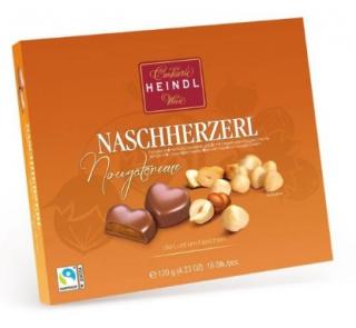 Heindl Nasch Herzerl Nougat - 120g - DMT 04.05.2024 (Nejjemnější plnotučná mléčná čokoláda plněná lískooříškovým nugátovým krémem (44%).)