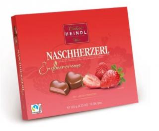 Heindl Nasch Herzerl Strawberry - 120g - DMT 04.05.2024 (Nejjemnější plnotučná mléčná čokoláda s krémovou náplní s příchutí jahod (44 %).)