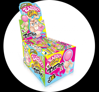 Johny Bee Rabbit gum + tatto 5g x 200ks (Žvýkačka pro velké růžové bubliny s oblíbenou ovocnou příchutí tutti-frutti.)